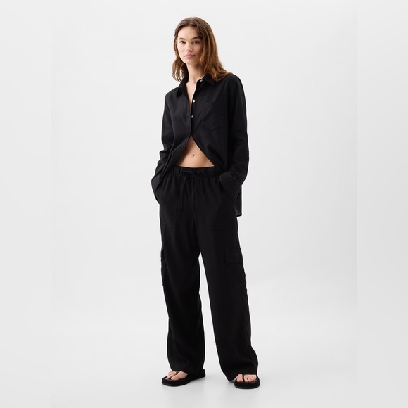 NWT! GAP Black Linen-Blend Wide-Leg Cargo Pull-On Pants - Multiple Sizes 🔹 - Picture 1 of 8
